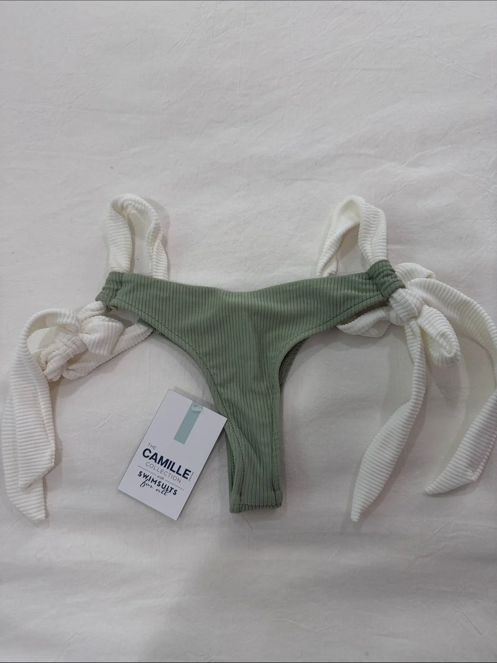 Two-Piece Ribbed Bikini — White Top & Sage Green Bottom